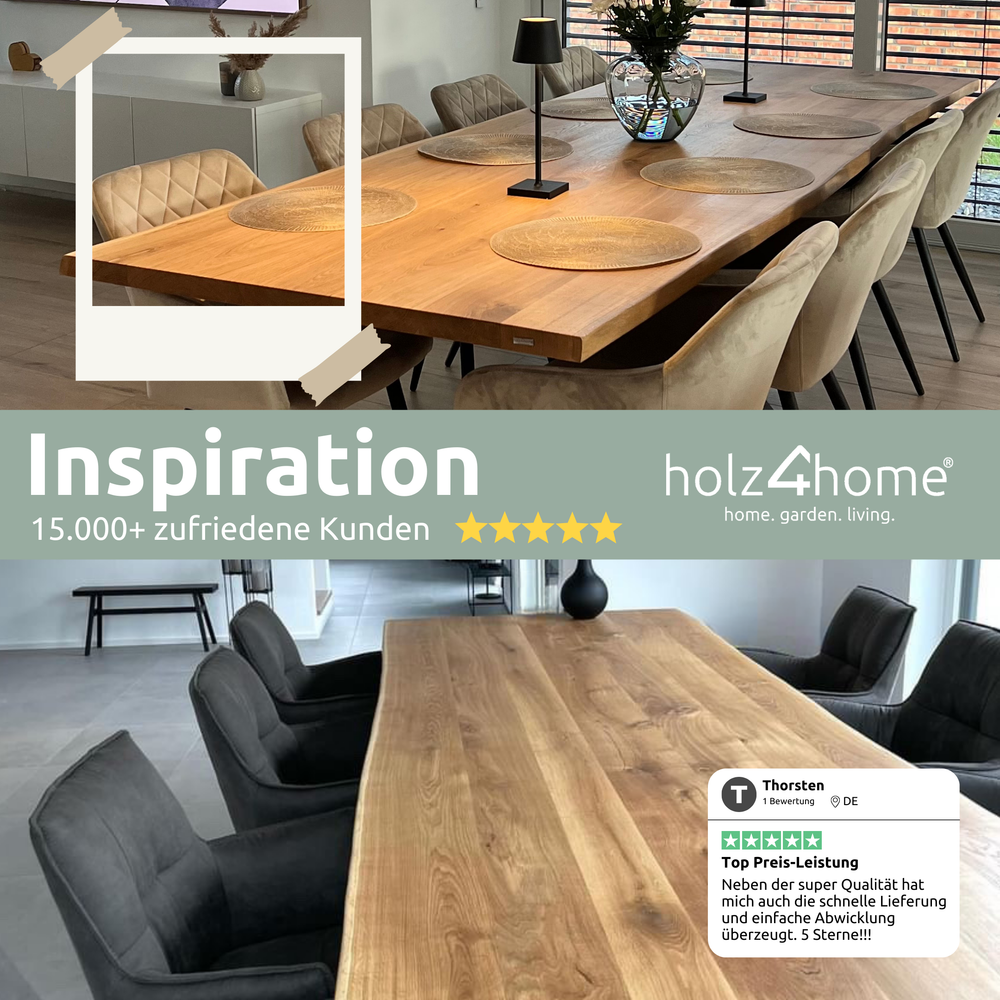 Inrichtingsinspiratie: eiken eettafel met boomstamrand in twee moderne eetkamers
