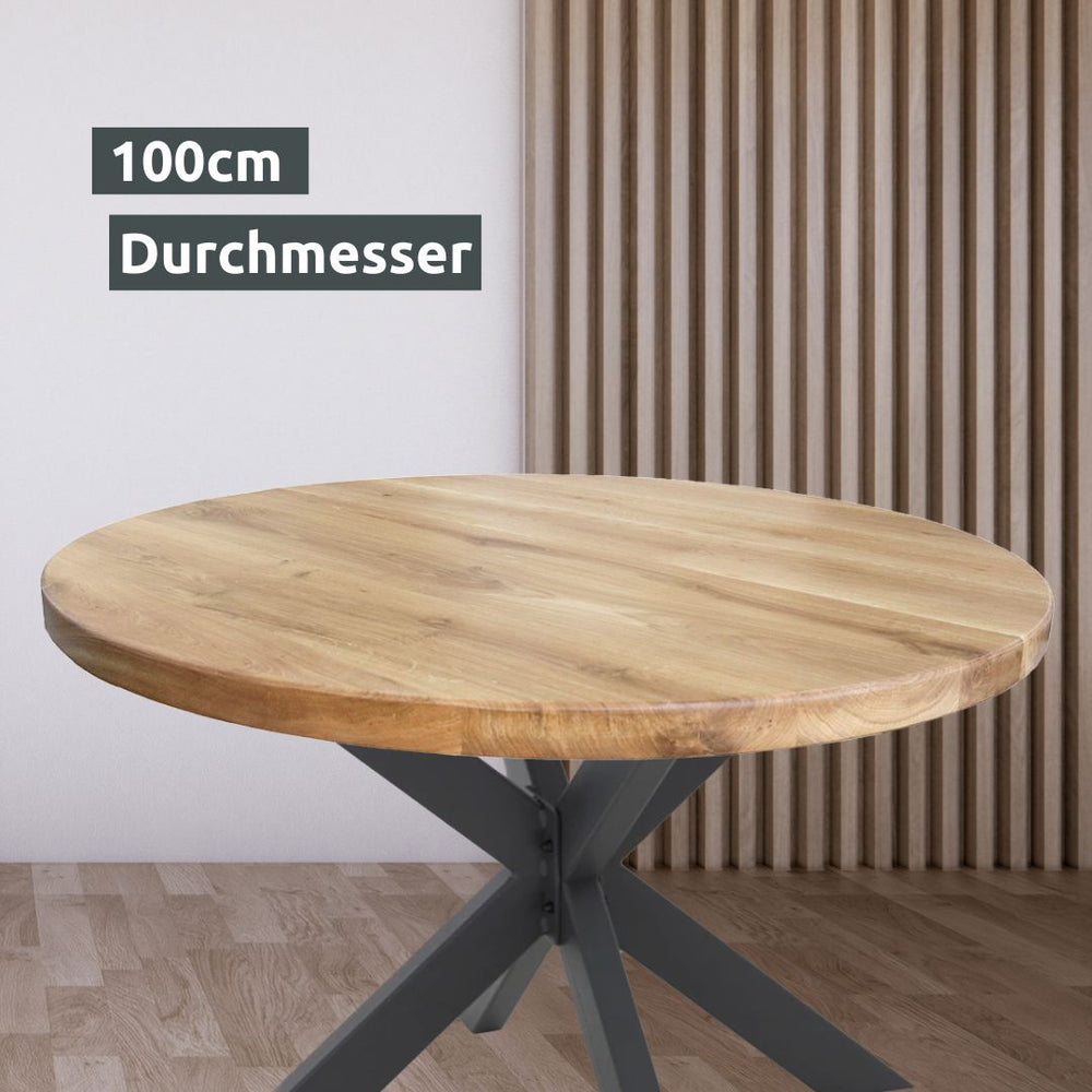 Rond tafelblad van eikenhout met 100 cm diameter op antracietkleurig stervoetonderstel