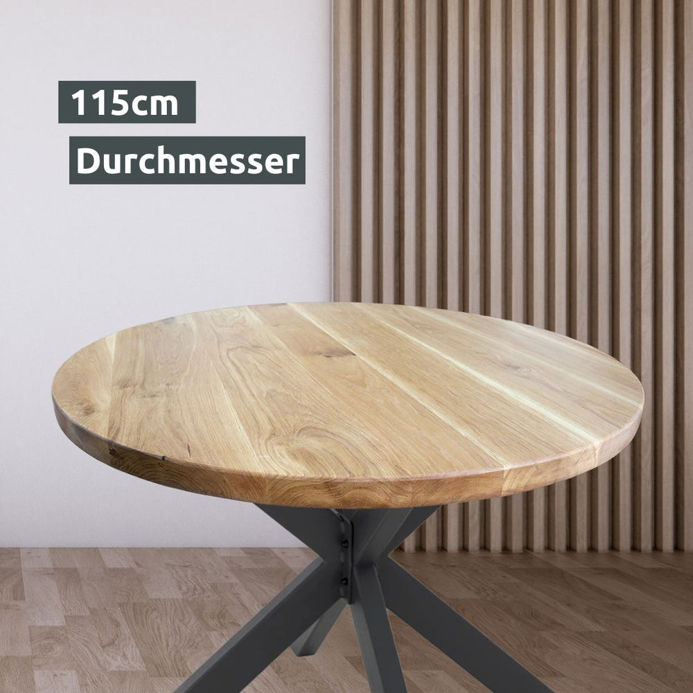 Rond tafelblad van eikenhout met 115 cm diameter op antracietkleurig stervoetonderstel