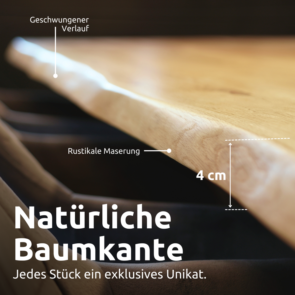 Close-up van de gewelfde boomstamrand met rustieke nerf, 4 cm dikke eikenplaat
