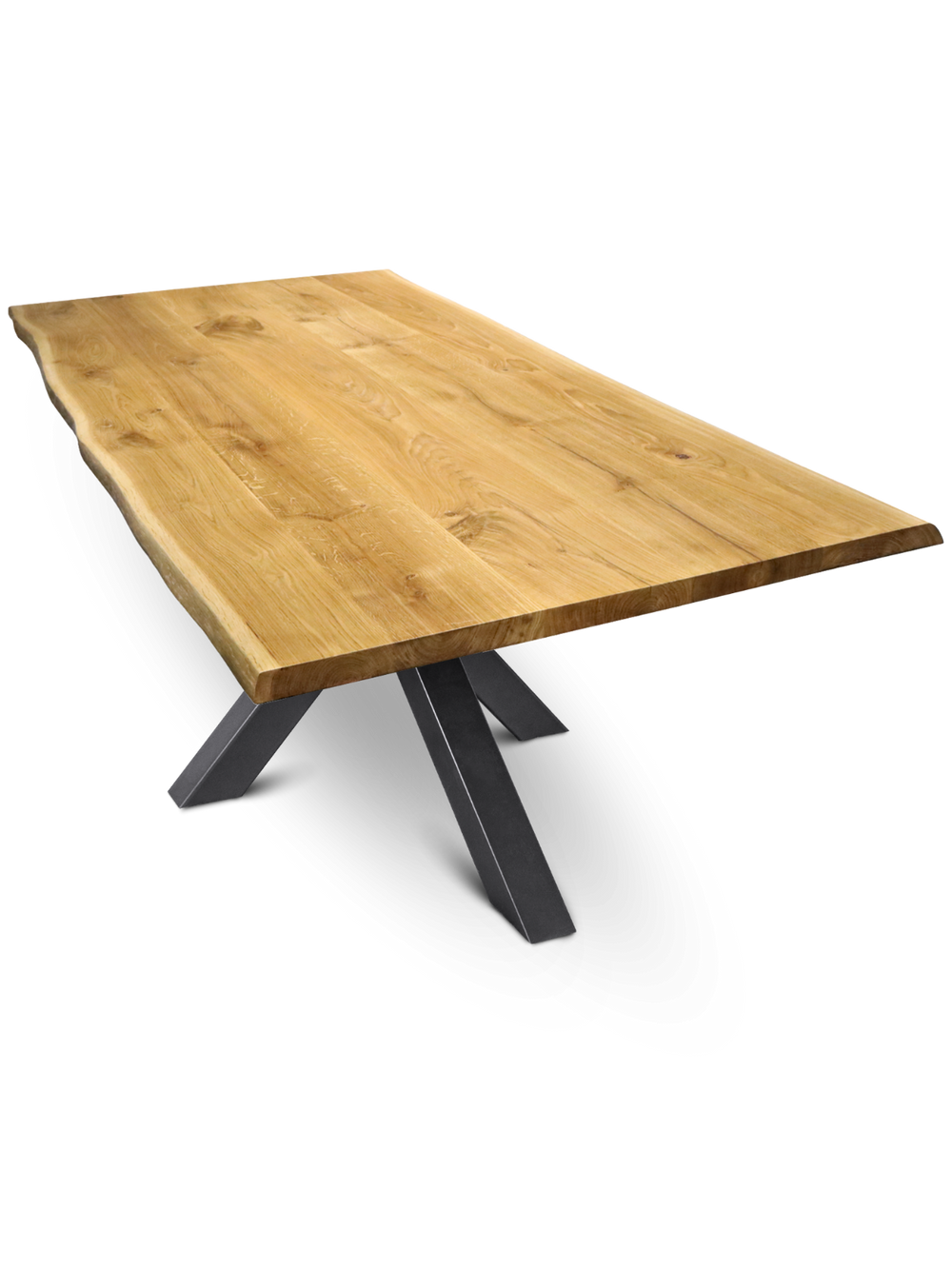 Massief houten tafel eiken met boomstamrand, schuin aanzicht van het tafelblad op zwart Hora Spider-onderstel