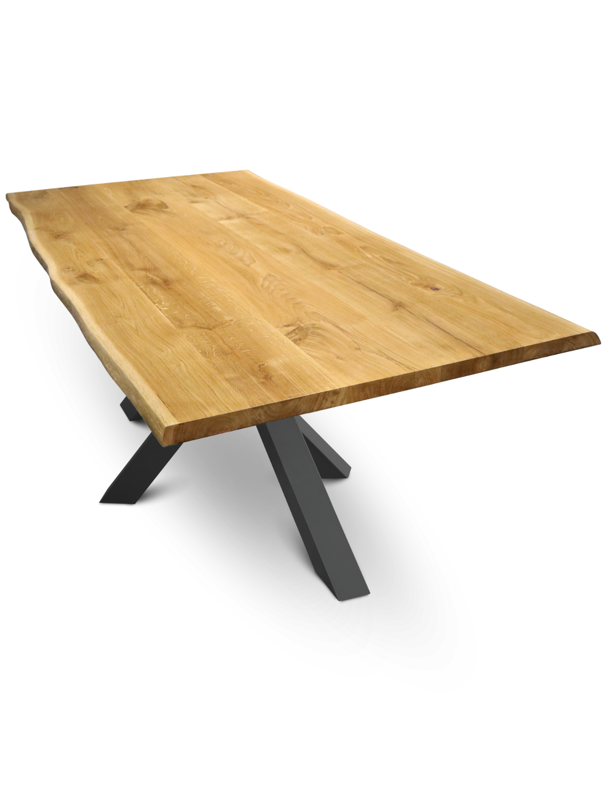 Massief houten tafel eiken met boomstamrand, schuin aanzicht van het tafelblad op zwart Tiempo Spider-onderstel