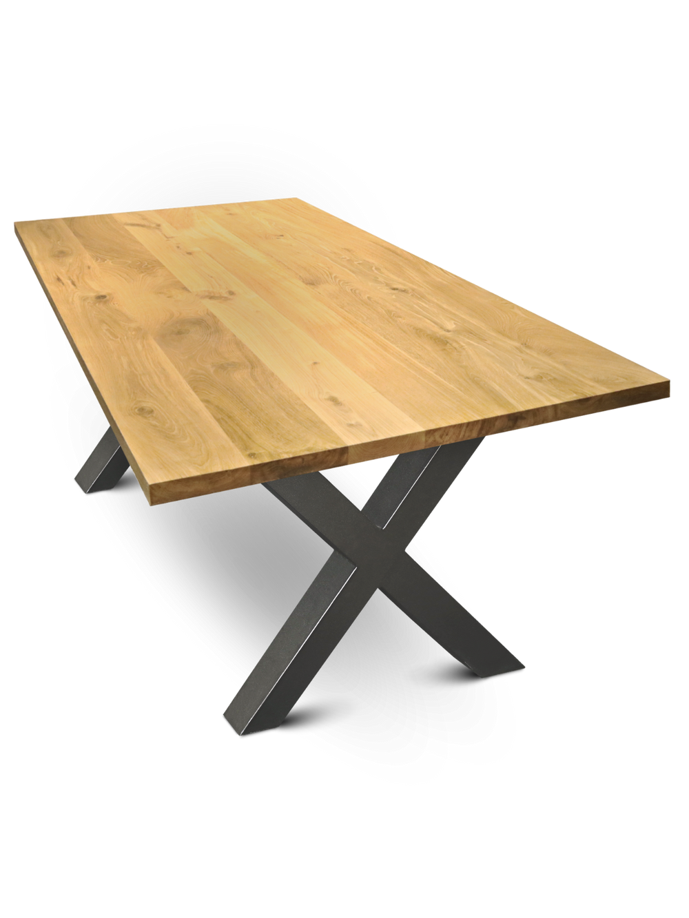 Massief houten tafel eiken met rechte rand zonder boomstamrand op zwart Hora X-onderstel tegen witte achtergrond