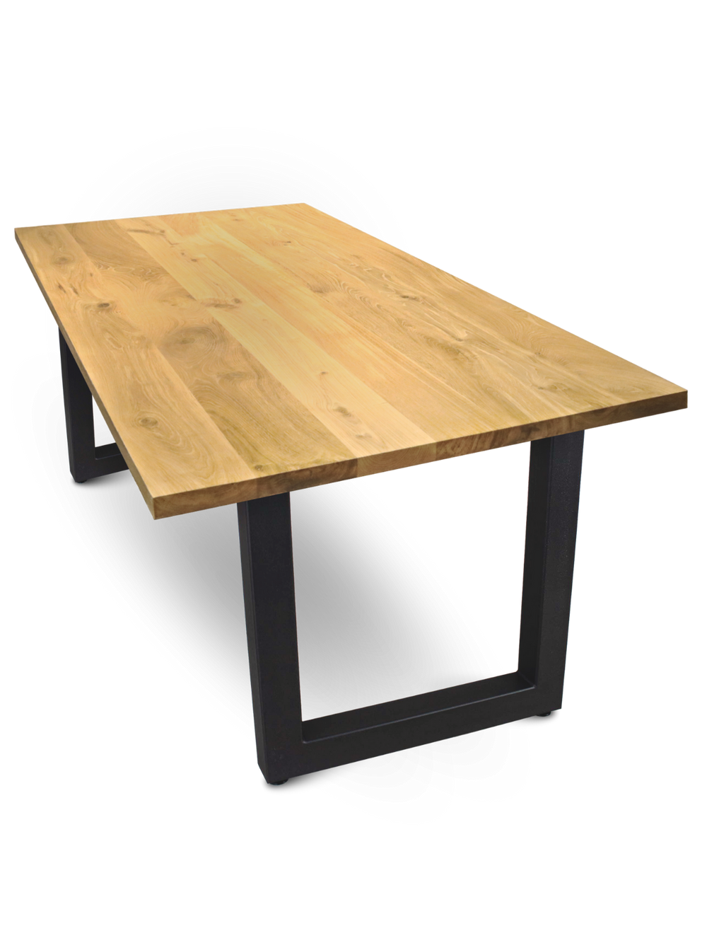 Massief houten tafel eiken met rechte rand, Tiempo U-onderstel van zwart staal, bovenaanzicht van het massief houten blad