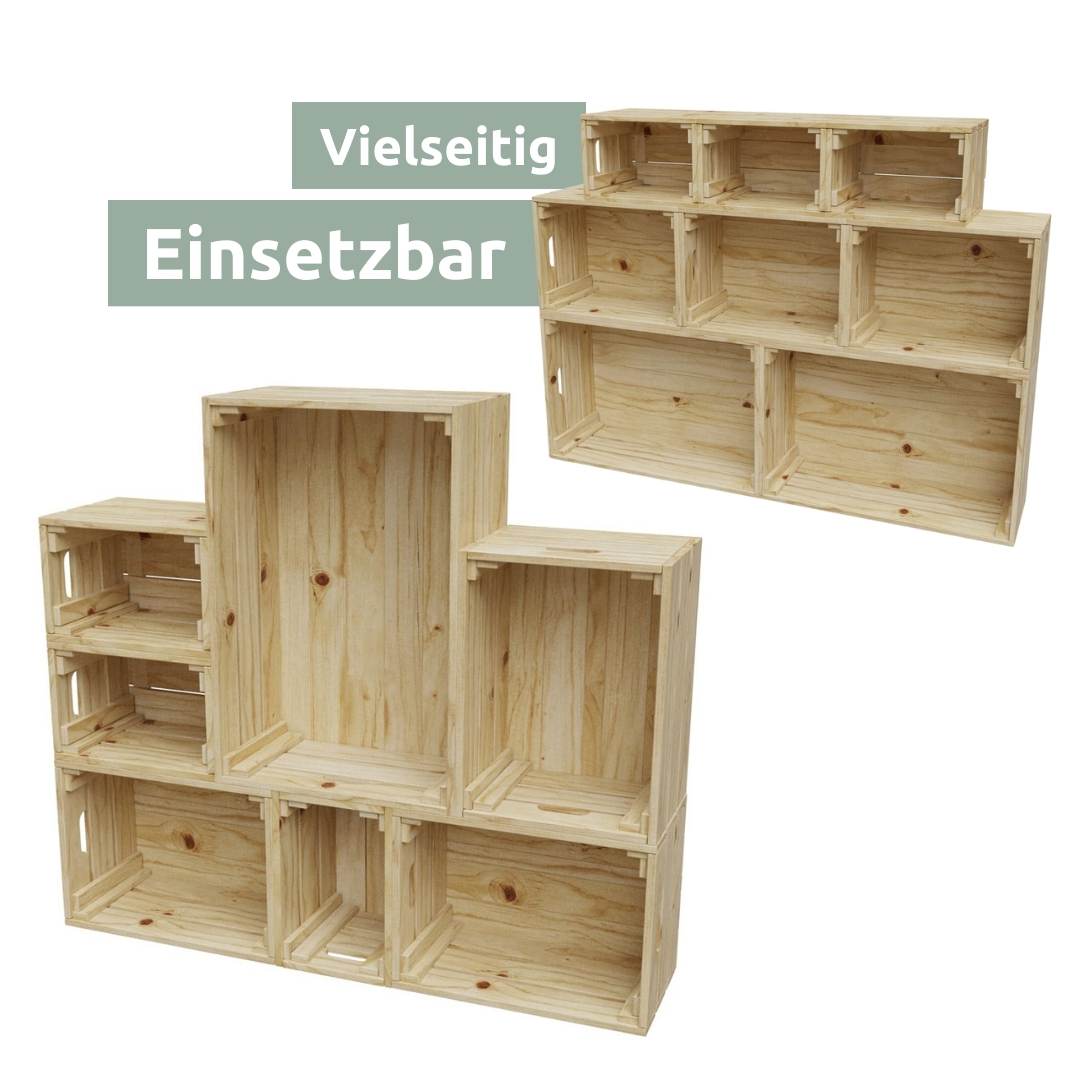 Stapelbare houten kisten naturel in twee rekcombinaties, flexibel inzetbaar als roomdivider of wandrek