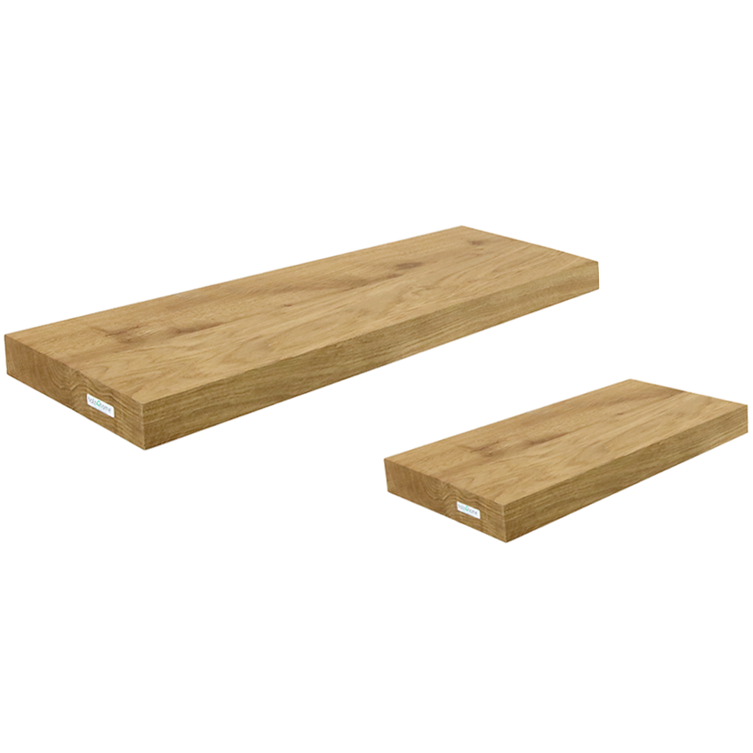 Wandrekkenset zonder boomstamrand: twee rekken van massief eikenhout met rechte voorrand, 70 en 40 cm